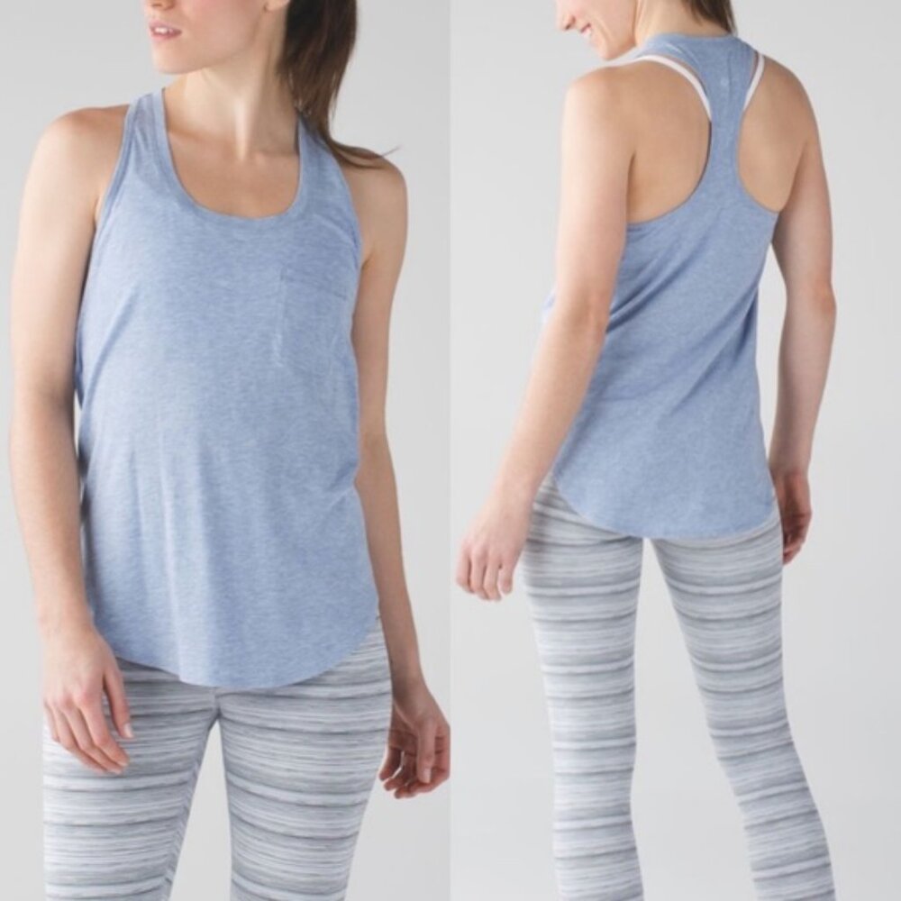 Lululemon Yogi Racerback III Tank Front Pocket Heather Blue Size 8